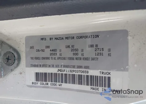 1993 Mazda B2200 Short Bed из США, поврежденный, VIN JM2UF1132P0370659